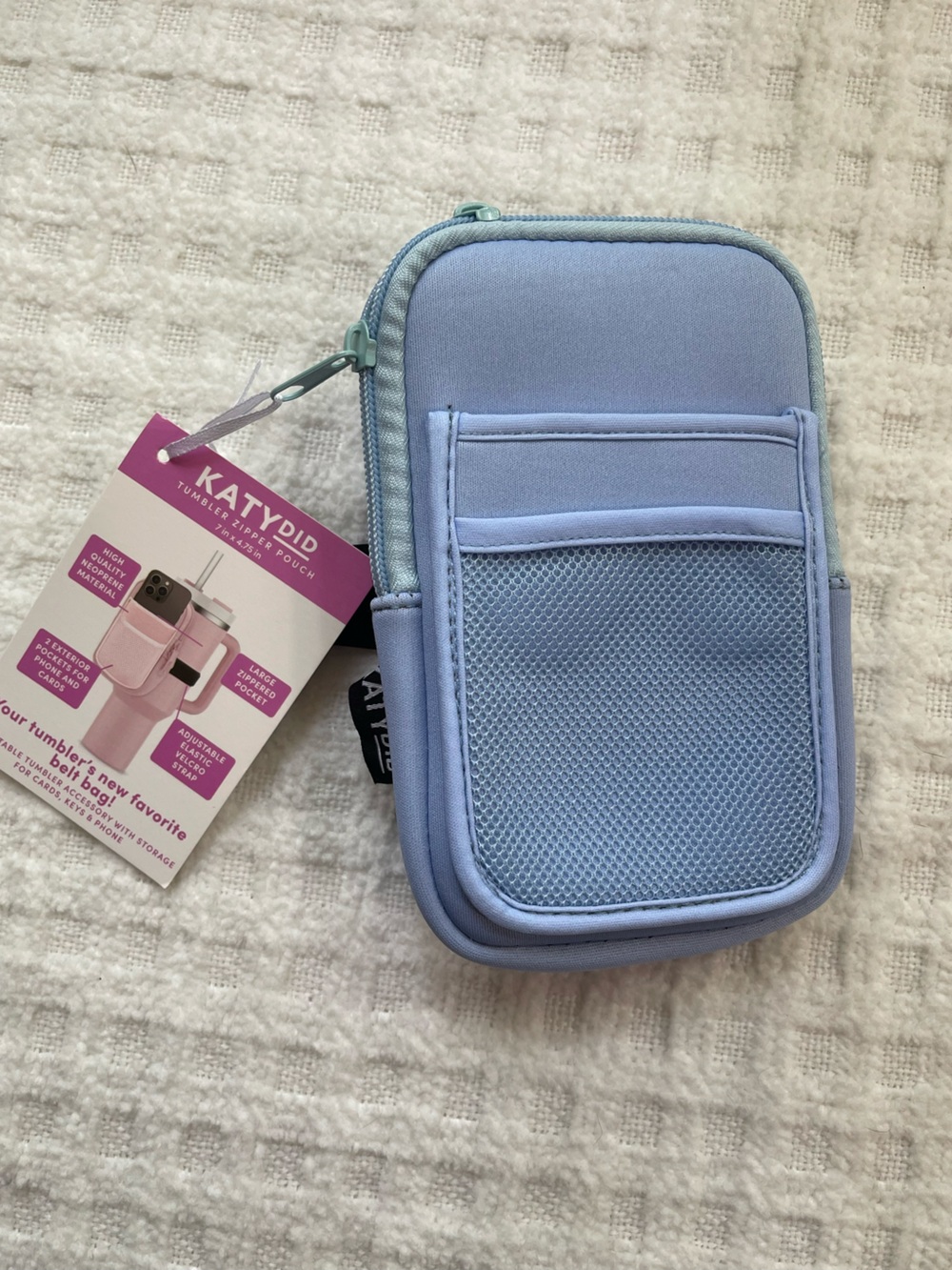Katydid Light Blue Zippered Phone Pouch with Front Mesh Pocket